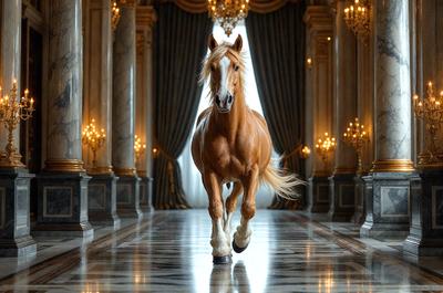 The primary subject of the image is a brown horse walking on a marble floor. The setting is a grand hallway with a chandelier hanging above the horse. The visual style is a photo, and the colors and mood are elegant and sophisticated.
