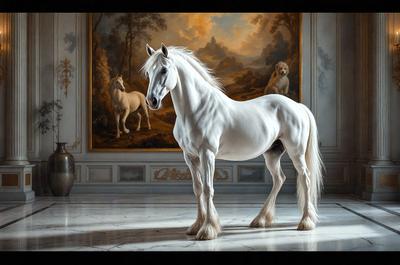 The primary subject of the image is a white horse standing in a room with a painting in the background. The horse is positioned in the center of the room, and the painting is located on the left side of the room. The setting appears to be a formal or elegant environment, possibly a museum or a gallery. The visual style of the image is a combination of photography and digital art, creating a realistic yet artistic representation of the horse and its surroundings. The colors and mood of the image are predominantly white