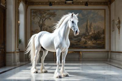 The primary subject of the image is a white horse standing in a room. The horse is positioned in the center of the room, and it appears to be the main focus of the image. The setting is a room with a painting in the background, which adds to the overall atmosphere of the scene. The visual style of the image is a photo, capturing the horse in its natural environment. The colors and mood of the image are predominantly white, giving it a clean and serene appearance.