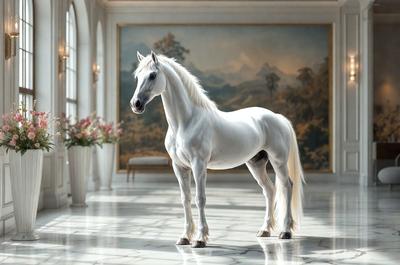 Primary subject: A white horse standing in a room.

Setting/background: The horse is standing in a room with a painting on the wall.

Visual style: The image is a digital art of a white horse.

Colors and mood: The image has a white horse, which gives it a clean and serene appearance.