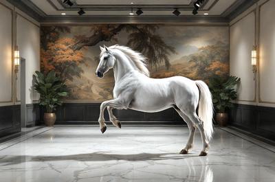 The primary subject of the image is a white horse, which is the main focus of the scene. The horse is standing in a room with a marble floor, and it appears to be walking or running. The setting includes a backdrop of a painting, which adds an artistic touch to the environment. The visual style of the image is a photo, capturing the horse in its natural habitat. The colors and mood of the image are predominantly white, giving it a clean and elegant appearance.