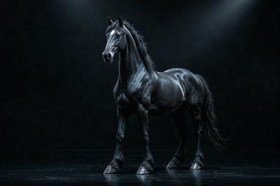 Primary subject: A black horse standing in a dark room.

Setting/background: The horse is standing on a dark surface, possibly a stage or a room with low lighting.

Visual style: The image is a black and white photo.

Colors and mood: The image has a moody and dramatic atmosphere, with the black horse as the main focus.