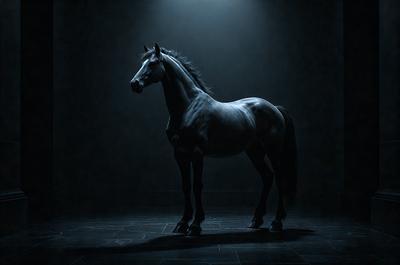 Primary subject: A horse standing in a dark room.

Setting/background: The horse is standing in a dark room, with a black background.

Visual style: The image is a black and white photo.

Colors and mood: The image has a moody and dramatic atmosphere, with the horse being the main focus.