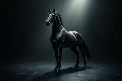 Primary subject: A horse standing in a dark room.

Setting/background: The horse is standing on a dark grey floor, with a black background.

Visual style: The image is a digital art or illustration of a horse.

Colors and mood: The dominant colors are black and grey, creating a moody and dramatic atmosphere.