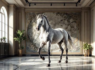The primary subject of the image is a large horse standing in a room. The horse is positioned in the center of the room, and it appears to be walking or trotting. The setting is a room with a wall that features a painting of a tree. The visual style of the image is a combination of photo and digital art, creating a realistic yet artistic representation of the horse. The colors and mood of the image are predominantly neutral, with the horse being the main focus and the painting of the tree adding a