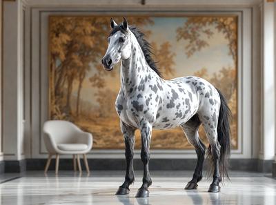 Primary subject: A spotted horse standing in a room.

Setting/background: The horse is standing in front of a painting, which is hanging on the wall.

Visual style: The image is a photo of the horse.

Colors and mood: The horse has a black and white spotted pattern, and the room has a neutral color palette. The overall atmosphere is calm and serene.