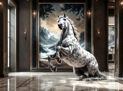 The primary subject of the image is a white and black spotted horse. The horse is standing in a room with a painting of mountains in the background. The setting appears to be a room with a marble floor, and the visual style is a combination of photo and digital art. The colors in the image are predominantly white and black, giving the scene a calm and serene atmosphere.