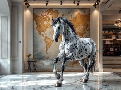 The primary subject of the image is a white and black spotted horse standing on a marble floor. The horse is positioned in the center of the scene, and it appears to be walking or running. The setting is a room with a large map on the wall behind the horse. The visual style of the image is a combination of photo and digital art, creating a realistic yet artistic representation of the horse. The colors and mood of the image are predominantly white and black, with a touch of marble, giving the