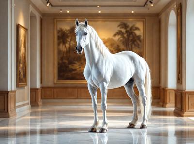 The primary subject of the image is a white horse standing in a large, empty room. The setting is a spacious hallway with a white marble floor, and the visual style appears to be a photo. The horse is the main focus of the image, and its white color and elegant posture create a serene and peaceful atmosphere.