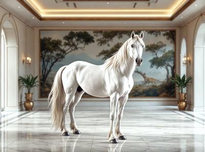 The primary subject of the image is a white horse standing in a large, ornate room. The setting includes a marble floor and a painting in the background. The visual style appears to be a photo, capturing the horse in its natural environment. The colors in the image are predominantly white, giving the scene a clean and elegant atmosphere.