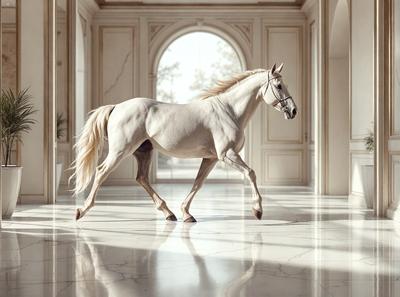 Primary subject: A white horse walking on a marble floor.

Setting/background: The horse is walking in a large, white room with a marble floor.

Visual style: The image is a digital art or illustration of a white horse.

Colors and mood: The image has a clean and elegant appearance, with the white horse and marble floor creating a sense of sophistication and luxury.