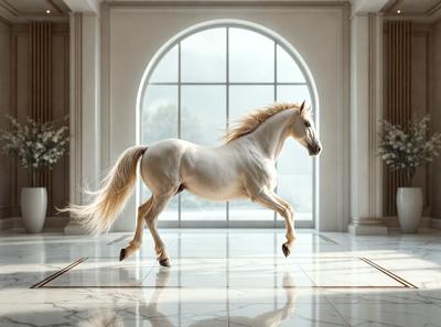 Primary subject: A white horse with a flowing mane.

Setting/background: The horse is standing in a large, white room with a marble floor.

Visual style: The image is a digital artwork.

Colors and mood: The horse is predominantly white, and the room has a clean and elegant atmosphere.