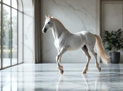 The primary subject of the image is a white horse standing in a room with a marble floor. The horse appears to be walking or running on the floor, creating a sense of motion and energy. The setting is indoors, with a backdrop of a marble wall and a window. The visual style of the image is a photo, capturing the horse in its natural environment. The colors in the image are predominantly white, giving the scene a clean and elegant appearance.