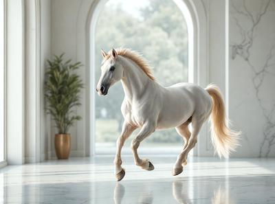 Primary subject: A white horse with a blonde mane and tail, running in a room.

Setting/background: The horse is running in a room with a white marble floor.

Visual style: The image is a photo of the horse in motion.

Colors and mood: The horse is white, and the room has a clean and elegant atmosphere.