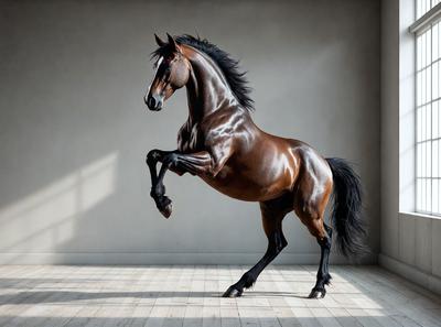 Primary subject: A brown horse with a black mane and tail, standing on a wooden floor.

Setting/background: The horse is standing in a room with a white wall.

Visual style: The image is a photo of the horse.

Colors and mood: The horse has a brown coat, and the overall atmosphere is calm and focused on the horse's movement.