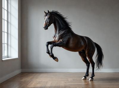 Primary subject: A horse with a black mane and tail, standing on a wooden floor.

Setting/background: The horse is standing in front of a white wall.

Visual style: The image is a photo of the horse.

Colors and mood: The horse has a black mane and tail, and the wooden floor has a brown color. The overall atmosphere of the image is dynamic and energetic, as the horse appears to be jumping or running.