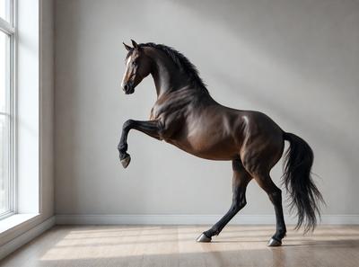 Primary subject: A brown horse with a black mane and tail, standing on a wooden floor.

Setting/background: The horse is standing in front of a white wall, which serves as the background.

Visual style: The image is a photo of the horse.

Colors and mood: The horse is the dominant color, and the overall atmosphere is calm and focused on the horse's movement.