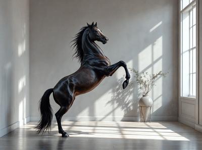 Primary subject: A horse with a flowing mane and tail, standing on a wooden floor.

Setting/background: The horse is standing in front of a window, with a potted plant nearby. The room appears to be a living space.

Visual style: The image is a photo of the horse in the living space.

Colors and mood: The horse has a dark brown color, and the overall atmosphere of the image is calm and serene.