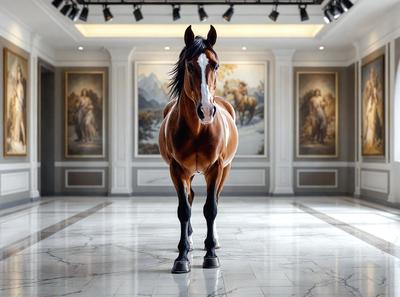 Primary subject: A brown horse with a white face standing in a room.

Setting/background: The horse is standing in a room with a white wall and a painting on the wall. The room appears to be a gallery or a museum.

Visual style: The image is a photo of the horse in the room.

Colors and mood: The dominant colors in the image are brown and white. The overall atmosphere is calm and serene, as the horse stands in the quiet room.