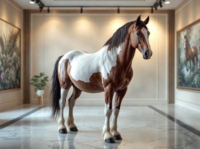 The primary subject of the image is a brown and white horse standing on a marble floor. The horse is positioned in the center of the scene, and its presence creates a sense of grandeur and elegance. The setting is a room with a white wall, which serves as a clean and minimalistic backdrop for the horse. The visual style of the image is a realistic representation of the horse, capturing its beauty and majesty. The colors and mood of the image are predominantly neutral, with the white wall and
