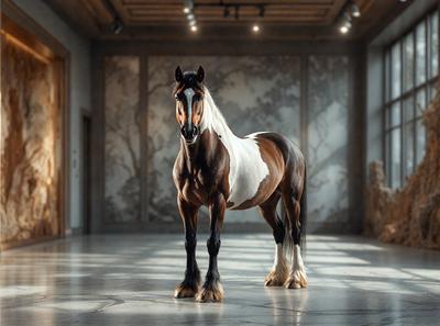 The primary subject of the image is a brown and white horse standing in a room. The horse is positioned in the center of the scene, and it appears to be the main focus of the image. The setting is a room with a wall, and the visual style is a photo. The colors in the image are predominantly brown and white, giving the scene a warm and natural atmosphere.