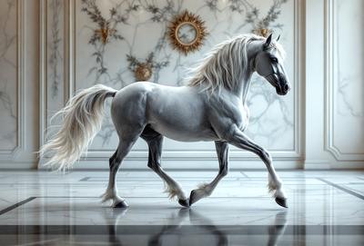 The primary subject of the image is a white horse with a flowing mane, standing in a room with a marble floor. The horse appears to be walking or running, possibly in a museum or a similar setting. The setting is a room with a marble floor, which adds to the elegance and sophistication of the scene. The visual style of the image is a combination of photo and digital art, creating a realistic yet artistic representation of the horse. The colors and mood of the image are predominantly