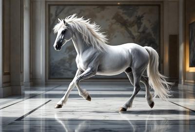 Primary subject: A white horse with a flowing mane.

Setting/background: The horse is standing in a room with a marble floor.

Visual style: The image is a digital art or illustration of the horse.

Colors and mood: The horse has a white color, and the overall atmosphere is elegant and graceful.