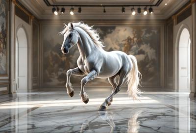 The primary subject of the image is a white horse with a flowing mane, captured in motion as it runs across a marble floor. The setting is a large, open space with a backdrop of a painting or mural, which adds an artistic and dramatic touch to the scene. The visual style of the image is a combination of photo and digital art, creating a realistic yet artistic representation of the horse in motion. The colors and mood of the image are predominantly white and gray, with a sense of