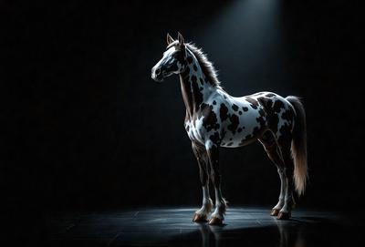 Primary subject: A horse with a white and brown spotted pattern.

Setting/background: A dark room with a bright light shining on the horse.

Visual style: Digital art.

Colors and mood: The horse has a white and brown spotted pattern, and the overall atmosphere is dark and dramatic.