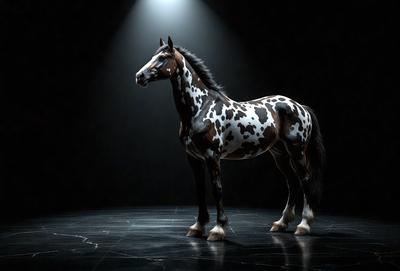 Primary subject: A spotted horse standing in a dark room.

Setting/background: The horse is standing on a black surface, which could be a floor or a stage.

Visual style: The image is a black and white photo.

Colors and mood: The dominant colors are black and white, creating a moody and dramatic atmosphere.