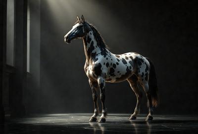 Primary subject: A spotted horse standing in a dark room.

Setting/background: The horse is standing on a dark surface, possibly a stage or a room with a black background.

Visual style: The image is a digital art or illustration of a spotted horse.

Colors and mood: The image has a black and white color scheme, giving it a dramatic and artistic feel.