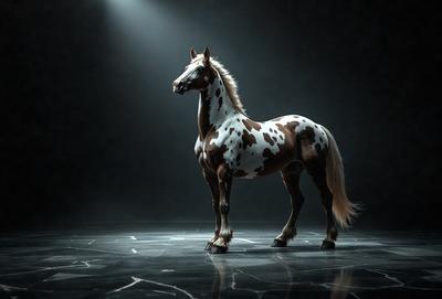 Primary subject: A brown and white spotted horse standing in a dark room.

Setting/background: The horse is standing on a black and white marbled floor.

Visual style: The image is a digital art or illustration of a horse.

Colors and mood: The dominant colors are black, white, and brown. The overall atmosphere is dark and moody.
