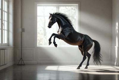 Primary subject: A black horse with a mane and tail.

Setting/background: The horse is standing in a room with a window in the background.

Visual style: The image is a digital art or illustration of a horse.

Colors and mood: The horse is black, and the overall atmosphere is dynamic and energetic.
