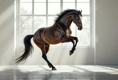 Primary subject: A horse
Setting/background: A white room with a window
Visual style: Digital art
Colors and mood: The horse is brown, and the overall atmosphere is dynamic and energetic.