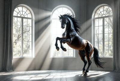 The primary subject of the image is a horse, which is the main object, scene, or focus of the image. The horse is standing in a room with a white wall, and it appears to be running or galloping. The setting is indoors, with the horse standing in front of a window. The visual style of the image is digital art, as it is a well-crafted and detailed representation of the horse. The colors and mood of the image are predominantly white, giving it a clean and serene