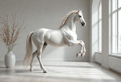 Primary subject: A white horse with a flowing mane, standing in a white room.

Setting/background: The horse is standing in a white room, which appears to be a studio or a room with a window.

Visual style: The image is a digital art or illustration, featuring a white horse in a white room.

Colors and mood: The dominant colors are white, which creates a clean and minimalist atmosphere. The horse's flowing mane adds a touch of elegance and movement