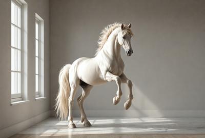 Primary subject: A white horse with a blonde mane and tail, standing in a white room.

Setting/background: The horse is standing in a white room, which appears to be a studio or a room with a white wall.

Visual style: The image is a digital art or illustration of a white horse.

Colors and mood: The dominant colors are white, which creates a clean and minimalist atmosphere. The horse's blonde mane and tail add a touch of warmth and natural