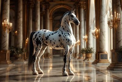 The primary subject of the image is a white and black spotted horse standing in a large, ornate room. The setting appears to be a palace or a grand hall, with a marble floor and a chandelier hanging from the ceiling. The visual style of the image is a combination of photo and digital art, creating a realistic yet artistic representation of the horse. The colors and mood of the image are elegant and majestic, with the white and black spots on the horse's coat adding a touch