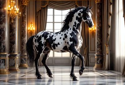 The primary subject of the image is a black and white horse standing in a room with a large window. The horse is positioned in the center of the room, and the setting appears to be a formal or elegant environment. The visual style of the image is a combination of photo and digital art, creating a realistic yet artistic representation of the horse. The colors and mood of the image are predominantly black and white, giving it a classic and timeless feel.