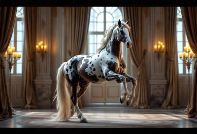 Primary subject: A horse with a spotted pattern.

Setting/background: A room with a doorway and a window.

Visual style: Digital art.

Colors and mood: The horse is black and white, and the overall atmosphere is elegant and graceful.