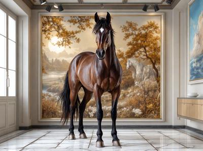 Primary subject: A horse standing in a room with a painting of a horse in the background.

Setting/background: The room has a painting of a horse on the wall, and the horse is standing on a tile floor.

Visual style: The image is a painting of a horse, which gives it a more artistic and detailed appearance.

Colors and mood: The painting is in black and white, giving it a classic and timeless feel. The horse's presence in the room adds a sense of eleg
