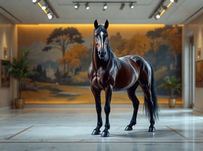 The primary subject of the image is a brown horse standing in a room. The horse is positioned in the center of the scene, and it appears to be the main focus of the image. The setting is a room with a backdrop of a painting, which adds an artistic touch to the scene. The visual style of the image is a photo, capturing the horse in its natural environment. The colors in the image are predominantly brown, giving the scene a warm and earthy atmosphere.