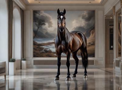 The primary subject of the image is a brown horse standing in a room. The horse is positioned in the center of the room, and it appears to be the main focus of the image. The setting is indoors, with a painting in the background, which adds to the overall atmosphere of the scene. The visual style of the image is a combination of photo and digital art, creating a unique and artistic representation of the horse. The colors in the image are predominantly brown and white, which contribute to the overall mood of