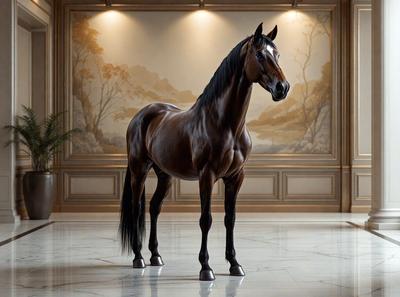 Primary subject: A brown horse standing in a room.

Setting/background: The horse is standing in a room with a painting on the wall.

Visual style: The image is a photo of the horse.

Colors and mood: The horse is brown, and the overall atmosphere is calm and serene.