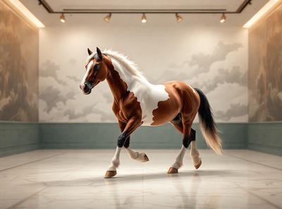 Primary subject: A brown and white horse with a black mane.

Setting/background: The horse is standing in a white room with a wall painted with clouds.

Visual style: The image is a digital artwork of a horse.

Colors and mood: The dominant colors are white and brown, with a black mane. The overall atmosphere is calm and serene.