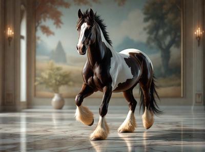 Primary subject: A horse with white and brown spots.

Setting/background: The horse is standing in front of a painting, which serves as the backdrop for the scene.

Visual style: The image is a digital art or illustration of the horse.

Colors and mood: The horse has a brown and white color scheme, and the overall atmosphere is elegant and majestic.