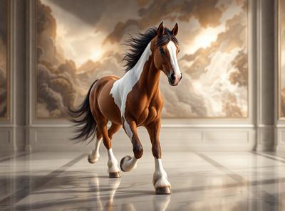 Primary subject: A brown and white horse with a flowing mane.

Setting/background: The horse is standing in a room with a white marble floor.

Visual style: The image is a digital art or illustration of the horse.

Colors and mood: The horse has a brown and white color scheme, and the overall atmosphere is elegant and graceful.