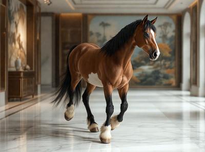 The primary subject of the image is a brown and white horse standing in a hallway. The horse is positioned in the center of the scene, and its presence creates a sense of movement and energy. The setting is a hallway, which provides a unique and interesting backdrop for the horse. The visual style of the image is a combination of photo and digital art, creating a realistic yet artistic representation of the horse. The colors and mood of the image are predominantly brown and white, with a touch of elegance and