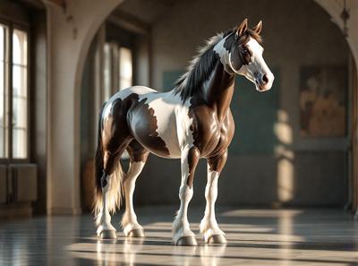 The primary subject of the image is a horse, which is the main object, scene, or focus of the image. The horse is standing in a room with a white and brown color scheme. The setting includes a wall with a painting on it, and the visual style appears to be a combination of photo and digital art. The colors and mood of the image are predominantly white and brown, creating a calm and serene atmosphere.