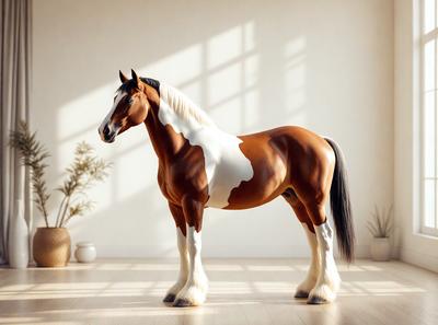 The primary subject of the image is a horse, which is the main focus of the scene. The horse is standing in a room with a white wall, and it appears to be a lifelike representation of a horse. The setting and background of the image are indoors, with the horse standing on a wooden floor. The visual style of the image is realistic, as it depicts a lifelike representation of a horse. The colors and mood of the image are predominantly white, giving it a clean and ser